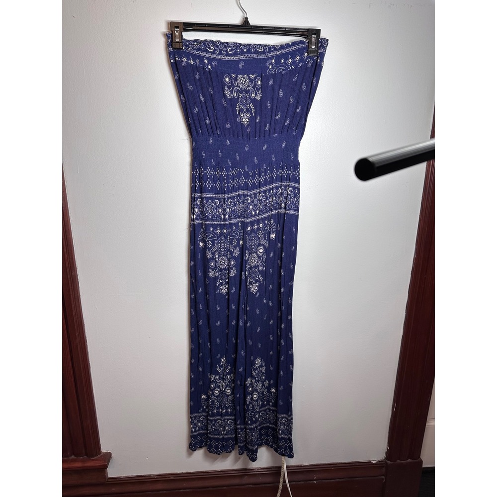 Coco + Jaimeson Womens Boho Navy Blue Paisley Strapless Wide Leg Jumpsuit Medium - Picture 5 of 8